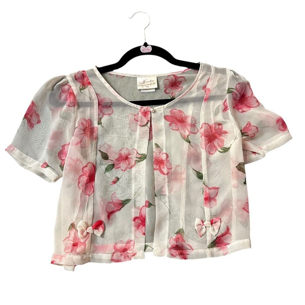Vintage, sheer, crop button top lace, xsmall